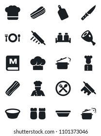 Set of vector isolated black icon - cook vector, cafe, hat, menu, bacon, salt and pepper, ham, bowl, rolling pin, cutting board, knife, steaming pan