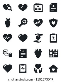 Set of vector isolated black icon - heart vector, pulse, diagnosis, blood pressure, diagnostic, shield, hand, real, medical calendar, clipboard, sweet home