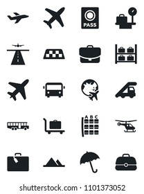 Set of vector isolated black icon - plane vector, runway, taxi, suitcase, baggage trolley, airport bus, umbrella, passport, ladder car, helicopter, seat map, luggage storage, scales, globe, case