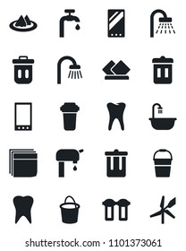 Set of vector isolated black icon - trash bin vector, shower, bucket, tooth, mobile, blank box, water supply, bathroom, serviette, filter, windmill