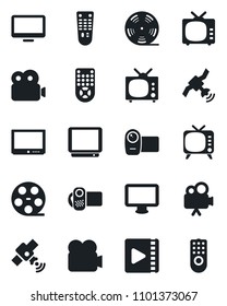 Set of vector isolated black icon - reel vector, satellite, tv, video camera, remote control, monitor
