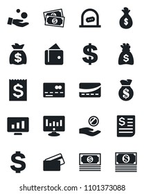 Set of vector isolated black icon - credit card vector, ticket office, dollar sign, money bag, statistic monitor, cash, receipt, wallet, investment