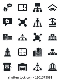 Set of vector isolated black icon - hierarchy vector, well, molecule, hospital, office building, garage, plan, home message