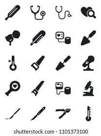Set of vector isolated black icon - trowel vector, pruner, saw, stethoscope, blood pressure, thermometer, heart diagnostic, microscope, scalpel, microphone
