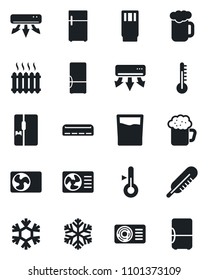 Set of vector isolated black icon - thermometer vector, heater, air conditioner, fridge, drink, beer, snowflake