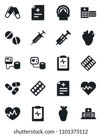 Set of vector isolated black icon - heart pulse vector, diagnosis, syringe, blood pressure, pills, blister, tomography, real, clipboard, hospital