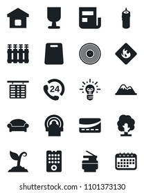 Set of vector isolated black icon - waiting area vector, flight table, tree, sproute, tomography, 24 hours, fragile, flammable, vinyl, news, copier, mountains, smart home, candle, credit card, idea