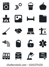 Set of vector isolated black icon - notebook pc vector, bucket, watering, hoe, pumpkin, ambulance star, gallery, folder, battery, paper binder, desk lamp, archive box, lock, bedroom, fireplace