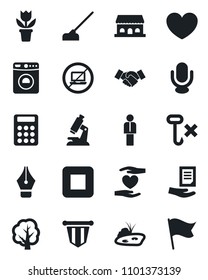 Set of vector isolated black icon - no laptop vector, washer, manager, handshake, pennant, document, flower in pot, tree, hoe, heart, microscope, hand, hook, microphone, stop button, calculator