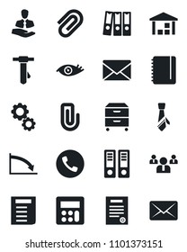 Set of vector isolated black icon - phone vector, mail, team, office binder, notepad, tie, document, eye, client, warehouse, calculator, paper clip, archive box, contract, gear, crisis