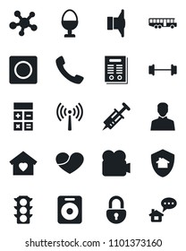 Set of vector isolated black icon - antenna vector, airport bus, calculator, syringe, barbell, traffic light, speaker, video camera, share, heart, call, user, record, lock, contract, sweet home