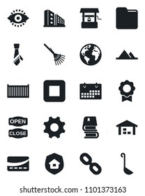 Set of vector isolated black icon - rake vector, well, earth, cargo container, chain, stop button, settings, folder, eye id, sertificate, calendar, tie, book, mountains, warehouse, office building