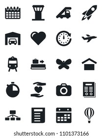 Set of vector isolated black icon - airport tower vector, baggage conveyor, train, ladder car, document, calendar, butterfly, heart, hand, plane, warehouse storage, camera, stopwatch, contract