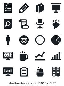 Set of vector isolated black icon - manager vector, document search, brainstorm, statistic monitor, pencil, stamp, contract, pulse, clipboard, coffee, clock, presentation board, bar graph, pie, book