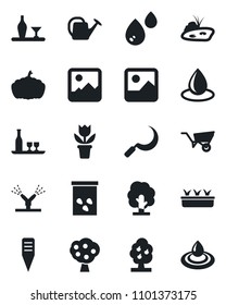 Set of vector isolated black icon - flower in pot vector, tree, watering can, wheelbarrow, seedling, water drop, sickle, plant label, pumpkin, seeds, gallery, pond, fruit, alcohol, irrigation