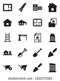 Set of vector isolated black icon - barrier vector, trowel, shovel, ladder, wheelbarrow, saw, house, hospital, with garage, tree, plan, estate document, city