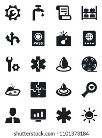 Set of vector isolated black icon - bomb in case vector, passport, luggage storage, statistic monitor, contract, water drop, heart diagnostic, ambulance star, route, reel, application, root setup