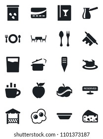 Set of vector isolated black icon - spoon and fork vector, coffee, plant label, seeds, diet, cafe, wine card, reserved, drink, table, alcove, credit, chicken, bowl, rolling pin, steaming pan, cheese