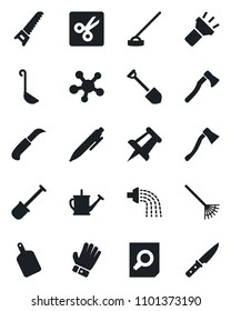 Set of vector isolated black icon - document search vector, pen, drawing pin, job, shovel, rake, watering can, glove, saw, hoe, garden knife, axe, share, torch, cut, ladle, cutting board