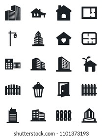 Set of vector isolated black icon - office building vector, fence, house, garden light, hospital, with garage, plan, sweet home, city, eco, door