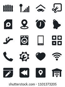 Set of vector isolated black icon - escalator vector, fence, heart, rewind, mobile, call, alarm, bell, notes, wireless, cut, place tag, cellular signal, application, root setup, document search