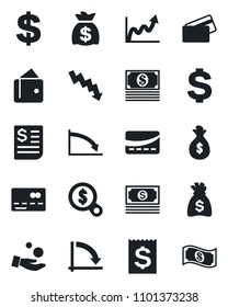 Set of vector isolated black icon - credit card vector, dollar sign, money bag, crisis graph, cash, receipt, wallet, growth, search, investment