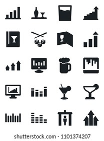 Set of vector isolated black icon - security gate vector, growth statistic, monitor, barcode, equalizer, scanner, statistics, bar graph, alcohol, wine card, drink, cocktail, beer, sushi, arrow up