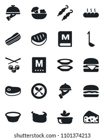 Set of vector isolated black icon - spoon and fork vector, menu, salad, plates, bacon, waiter, bread, chicken, steak, kebab, hamburger, ladle, bowl, sushi, cheese