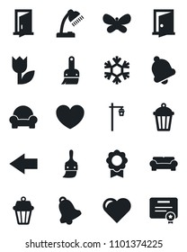 Set of vector isolated black icon - left arrow vector, butterfly, garden light, heart, tulip, themes, bell, sertificate, desk lamp, cushioned furniture, snowflake, outdoor, door, certificate