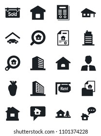 Set of vector isolated black icon - office building vector, house, real heart, contract, with garage, tree, estate document, rent, sold signboard, search, agent, smart home, city, message