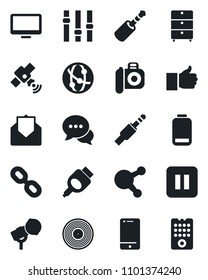Set of vector isolated black icon - vinyl vector, archive chest, camera, microphone, satellite, settings, network, cell phone, dialog, monitor, share, chain, finger up, low battery, mail, hdmi