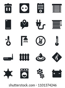 Set of vector isolated black icon - no mobile vector, tracking, phone back, socket, power plug, remote control, router, gear, water, washer, smoke detector, thermometer, radiator, outdoor lamp