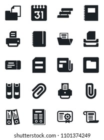 Set of vector isolated black icon - ticket vector, book, office binder, notepad, document, printer, folder, news, calendar, copybook, paper clip, tray, contract, certificate