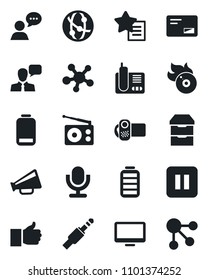 Set of vector isolated black icon - flame disk vector, radio, loudspeaker, video camera, microphone, network, speaker, monitor, phone, share, finger up, favorites list, battery, low, mail