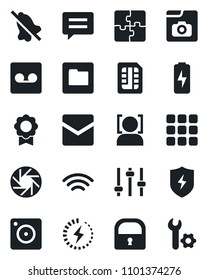 Set of vector isolated black icon - menu vector, message, mobile camera, protect, tuning, mail, record, sim, folder, wireless, mute, lock, face id, photo gallery, charge, application, sertificate