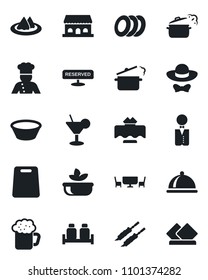 Set of vector isolated black icon - waiter vector, cook, dish, restaurant table, serviette, reserved, cocktail, beer, salad, plates, salt and pepper, cafe building, dress code, kebab, bowl