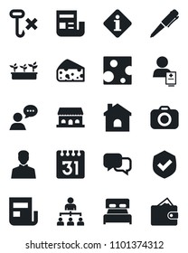 Set of vector isolated black icon - hierarchy vector, pen, house, seedling, patient, no hook, shield, camera, dialog, speaker, user, calendar, news, bedroom, cafe building, cheese, information