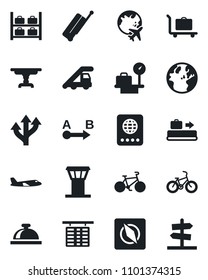 Set of vector isolated black icon - airport tower vector, suitcase, baggage conveyor, trolley, reception bell, passport, ladder car, plane, flight table, luggage storage, scales, globe, bike, route