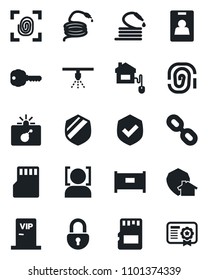 Set of vector isolated black icon - fence vector, bomb in case, hose, shield, chain, sd, lock, face id, identity card, key, vip zone, home control, fingerprint, protect, sprinkler, certificate