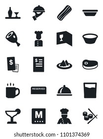 Set of vector isolated black icon - coffee vector, cook, dish, alcohol, serviette, wine card, menu, reserved, drink, cocktail, bacon, waiter, restaurant receipt, steak, ham, bowl, sushi