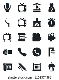 Set of vector isolated black icon - alarm clock vector, phone, tv, money bag, well, sickle, video camera, microphone, call, abacus, office, fireplace, rolling pin, outdoor lamp