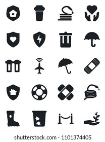 Set of vector isolated black icon - plane radar vector, fence, umbrella, trash bin, boot, hose, patch, heart shield, hand, protect, estate insurance, water filter, home, crisis management