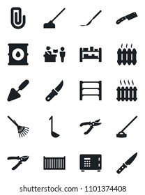 Set of vector isolated black icon - passport control vector, safe, trowel, rake, pruner, hoe, garden knife, scalpel, cargo container, oil barrel, rack, paper clip, heater, ladle