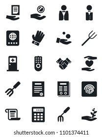 Set of vector isolated black icon - passport vector, medical room, document, garden fork, farm, glove, heart hand, fingerprint id, handshake, contract, waiter, remote control, combination lock
