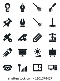 Set of vector isolated black icon - ladder car vector, presentation board, drawing pin, bulb, pencil, garden fork, rake, well, satellite, brightness, cellular signal, ink pen, plan, phone, pc