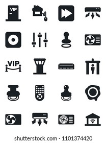 Set of vector isolated black icon - airport tower vector, security gate, stamp, remote control, fast forward, rec button, tuning, air conditioner, vip zone, home, garage