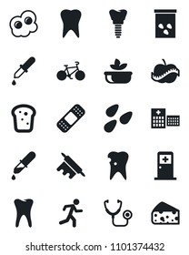 Set of vector isolated black icon - medical room vector, seeds, stethoscope, dropper, patch, bike, run, tooth, caries, implant, diet, hospital, salad, bread, rolling pin, omelette, cheese