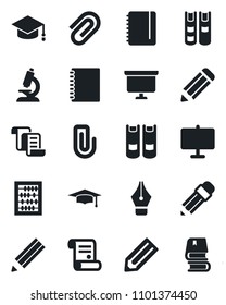 Set of vector isolated black icon - contract vector, book, graduate, abacus, notepad, presentation board, pencil, microscope, copybook, paper clip, ink pen