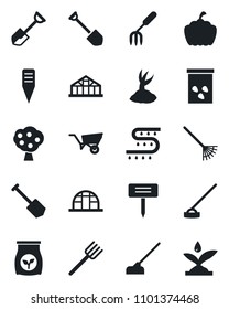 Set of vector isolated black icon - job vector, garden fork, shovel, farm, rake, wheelbarrow, sproute, hoe, plant label, pumpkin, greenhouse, seeds, fertilizer, drip irrigation, fruit tree