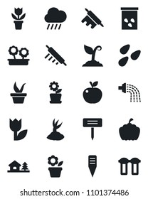 Set of vector isolated black icon - flower in pot vector, seedling, watering, sproute, rain, plant label, pumpkin, seeds, tulip, house with tree, rolling pin, apple fruit, water filter